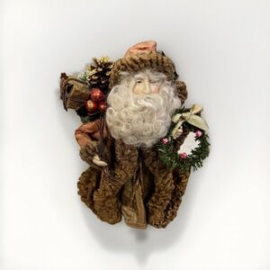 VINTAGE VICTORIAN SANTA FABRIC FATHER CHRISTMAS w/wreath & Bag